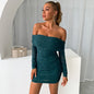 One-shoulder Pleated Mermaid Evening Dress Short Skirt Long Sleeve Dress