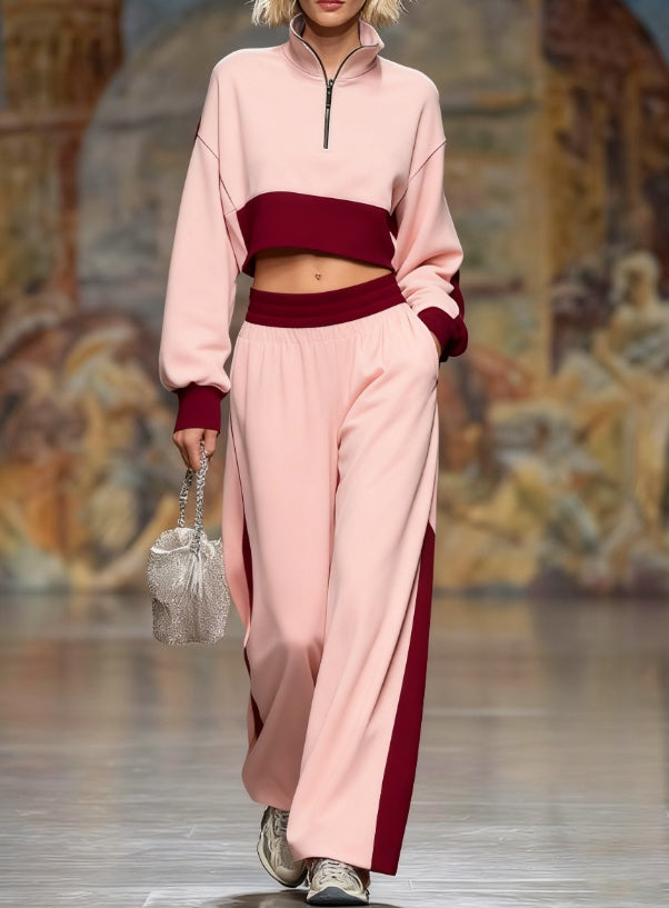 Short-sleeved Stand-collar Zippered Sweater With Wide-leg Pants Two-piece Set