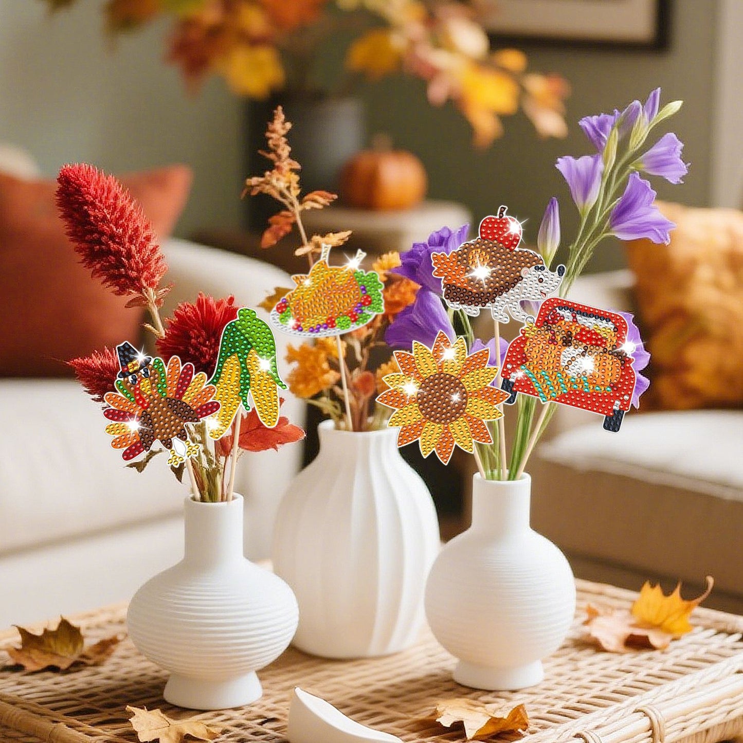 12 Packs Rhinestones Painting Art Kit Fall Pumpkin Turkey Maple Corn Design Decorative Stakes For Vase DIY 5D Rhinestones Art Craft Ornaments With Glue And Suction Cup For Thanksgiving Harvest Decor