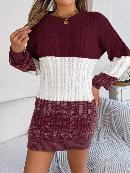 Casual Color Block Cable Knit Lantern Sleeve Sweater Dress