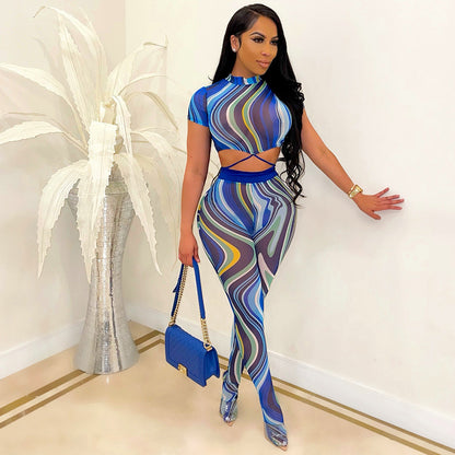 Printed Lace Up Body Stocking Casual Suit Tie-dye Waist Tether Short Sleeve Mesh Pantyhose