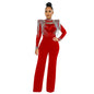Arrival Hot-Stone Embellished Tassel-Trimmed Shoulder Design Sheer Polyester Mesh Patchwork Jumpsuit