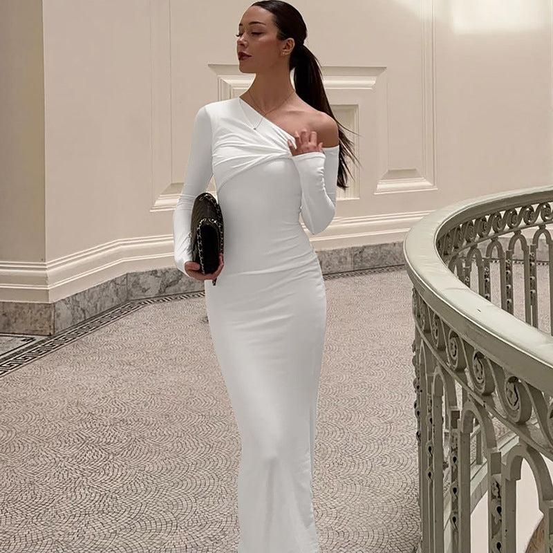 Women's Fashion Slim-fit Slant Shoulder Twist Solid Color Dress