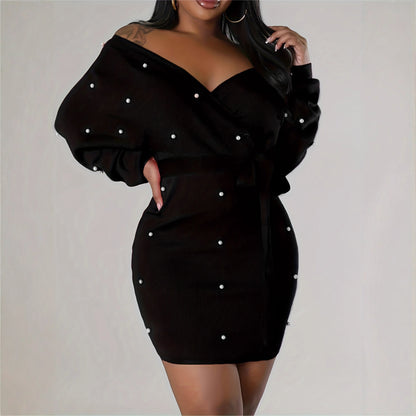 Beaded Bodycon Dress Casual Long-sleeve Solid-color Off-shoulder Dress Women's Apparel