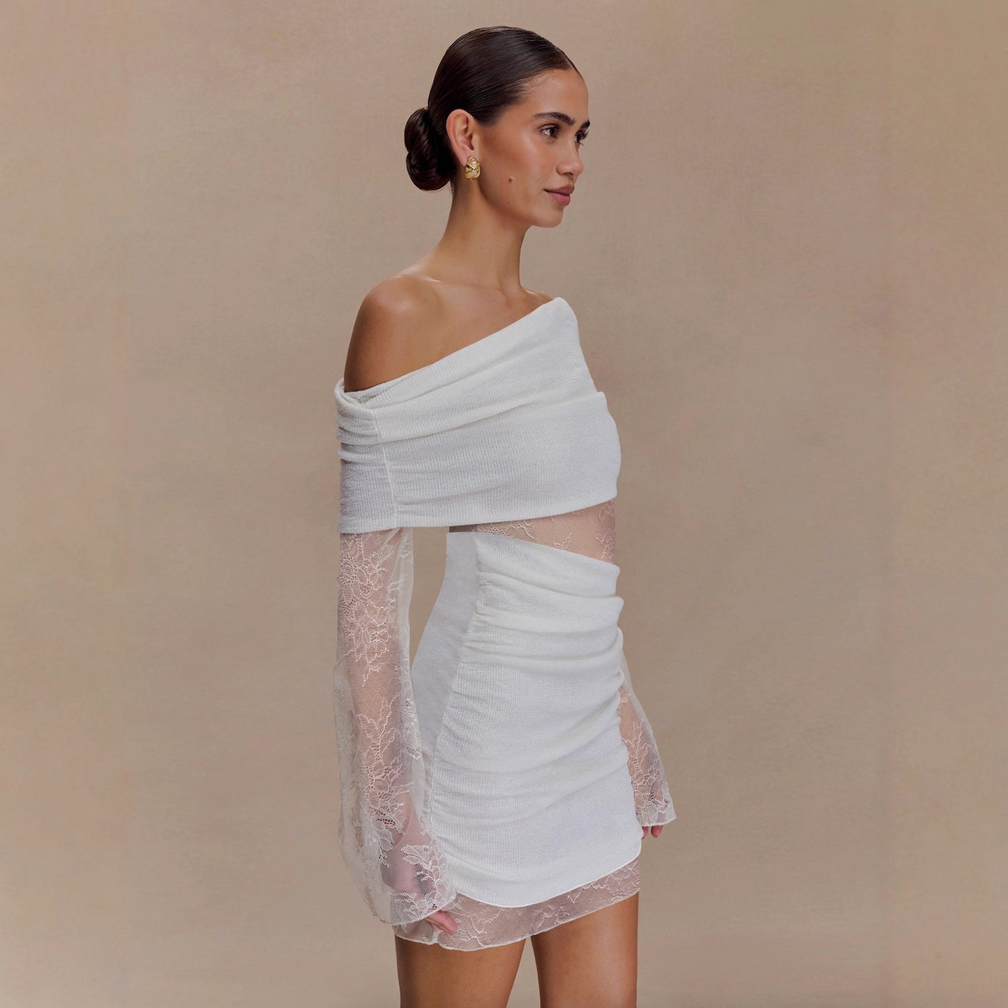 Hit Long-sleeve Off-shoulder Sexy Bodycon Pleated Dress