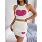 Women's 2 Piece Heart Knit Outfits Backless Halter Crop Tops & Mini Bodycon Skirt