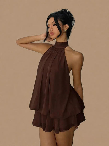 Chiffon Halter Tea Length Dress Sassy Skirt