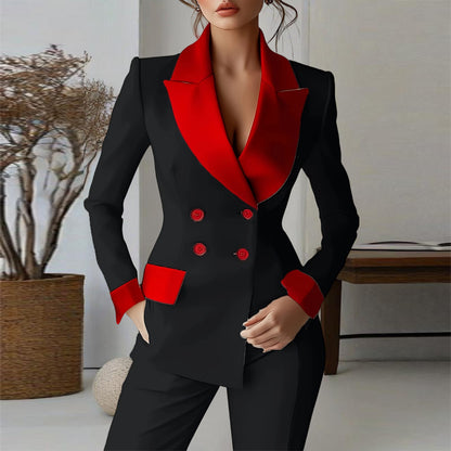 Women's Classic Notch Lapel Blazer, Double-Breasted Long Sleeve Jacket With Color-Block Waist Definition
