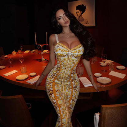 Women's Elegant Retro Printed Sleeveless Slip Dress With Waist-Cinching Design For A Slimming Look