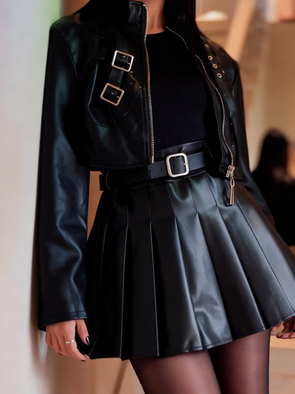 Black Faux Leather Cropped Jacket And Pleated Mini Skirt Set With Buckle Details