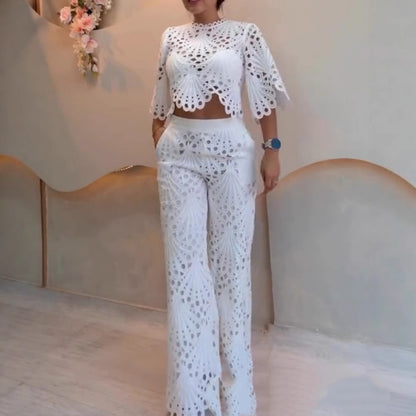 White Short Hollow Lace Fabric Short Sleeve Top Suit Slim Fit