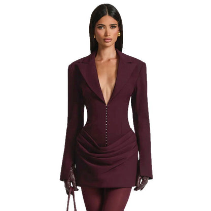 Women's Solid Color Deep V Lapel Pleated Waist-tie Suit Dress