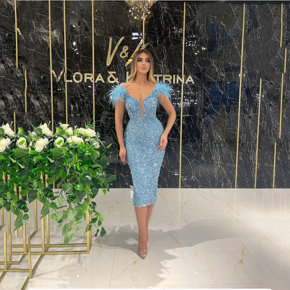 Deep V Sequined Sexy Feather Sequins Sleeveless Formal Dress
