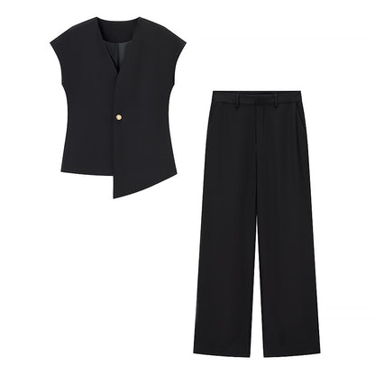 European And American Women's Clothing Button Top Wide Leg Pants Suit