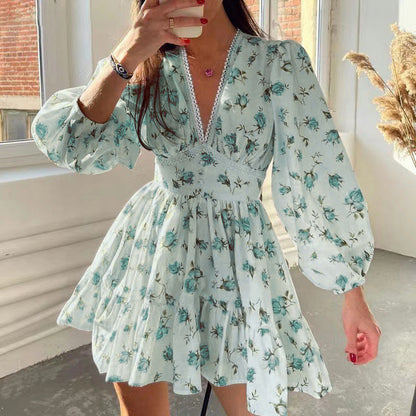 Women's Floral Puff Sleeve Mini Dress - V-Neck Ruffle Hem Casual Holiday Dress