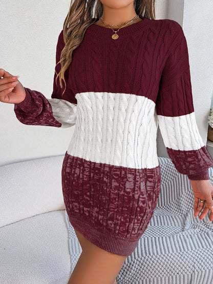 Casual Color Block Cable Knit Lantern Sleeve Sweater Dress