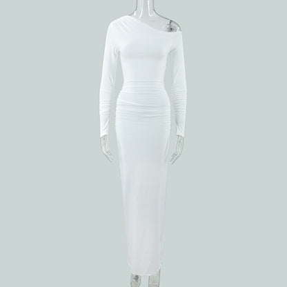 Women's OffshoulderLong-sleeve Figurehugging Pleated Maxi Dress