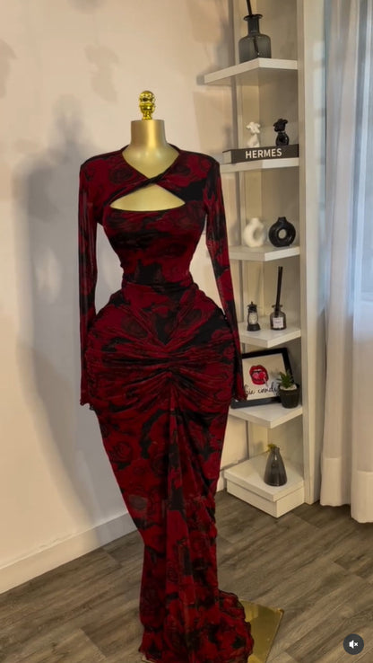 Printed Long Sleeve Hollow-out Pleated High Waist Sexy Vacation Dress Long Dress