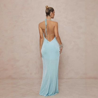 Deep V-neck Halter Dress With Open Back For Beach Vacations