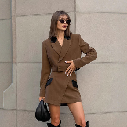 Fashion Casual Women's Short High Waist Color Stitching Irregular Skirt Two-piece Set