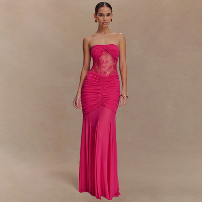 Strapless Lace-panelled Asymmetrical Dress