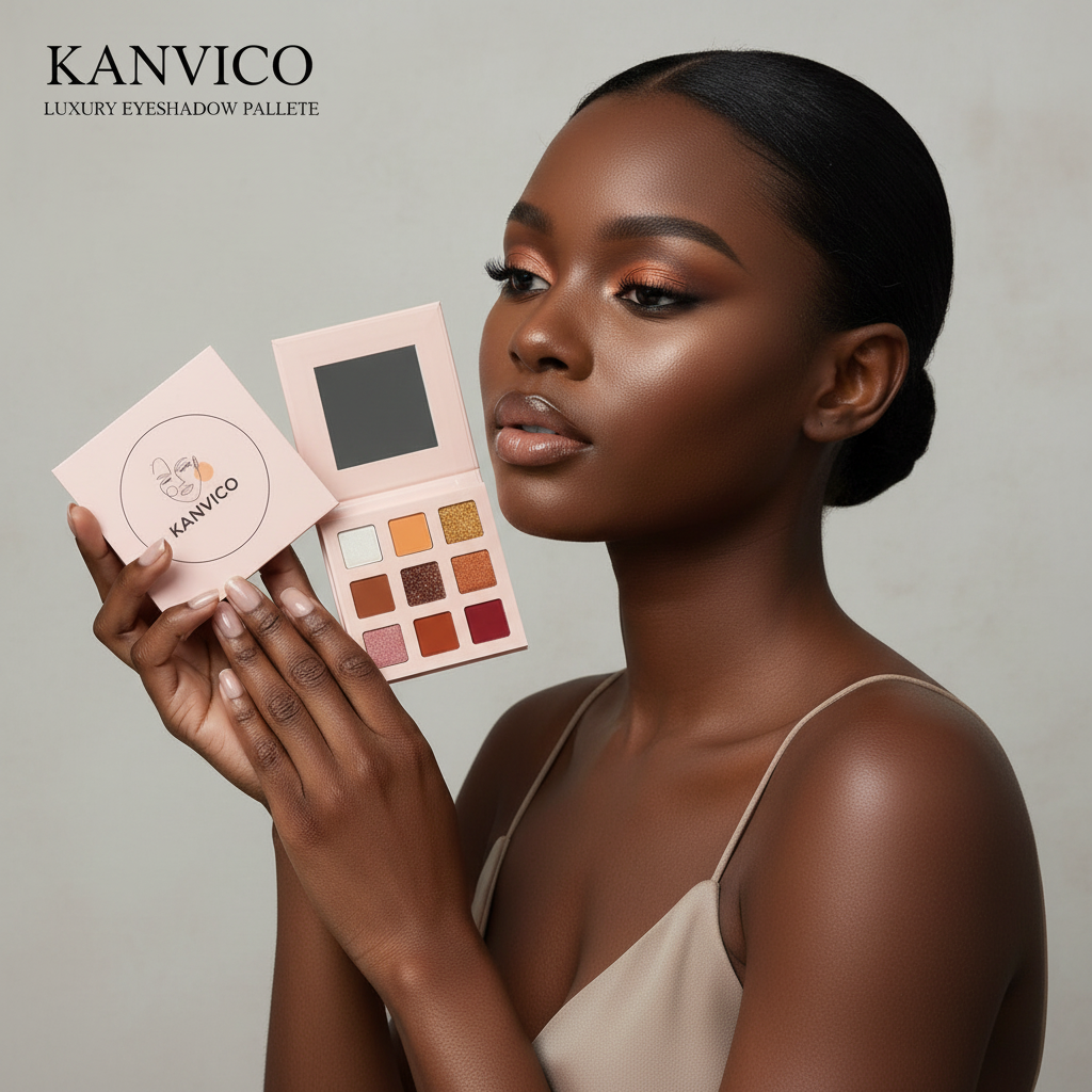 Dark skin model holding KANVIco Eyeshadow Palette