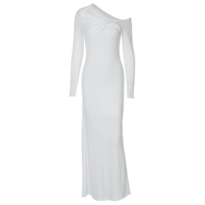 Women's Fashion Slim-fit Slant Shoulder Twist Solid Color Dress