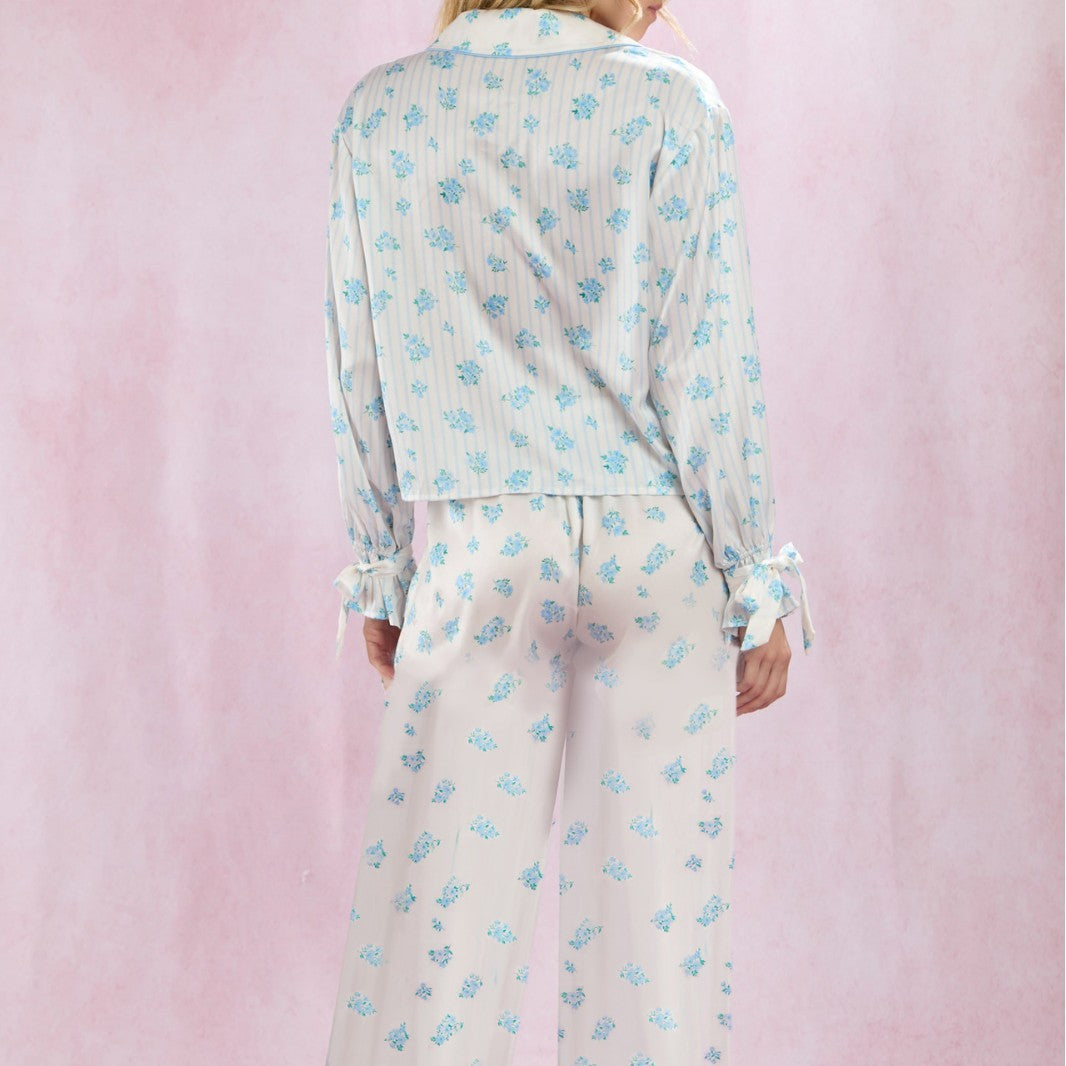 Silk-like Printed Floral Long-sleeved Lapel Pajamas Suit