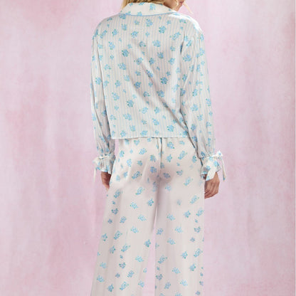 Silk-like Printed Floral Long-sleeved Lapel Pajamas Suit