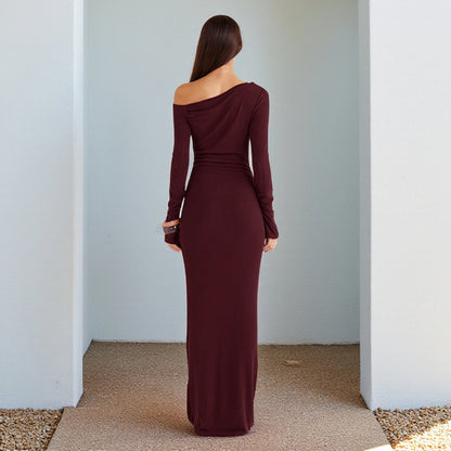 Oblique Shoulder Sexy Backless Long Sleeve Slim Dress Women Ins
