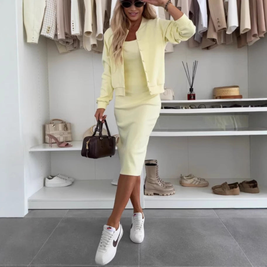 Solid Color Sling Dress Cardigan Outerwear Top Long Skirt Two-piece Set