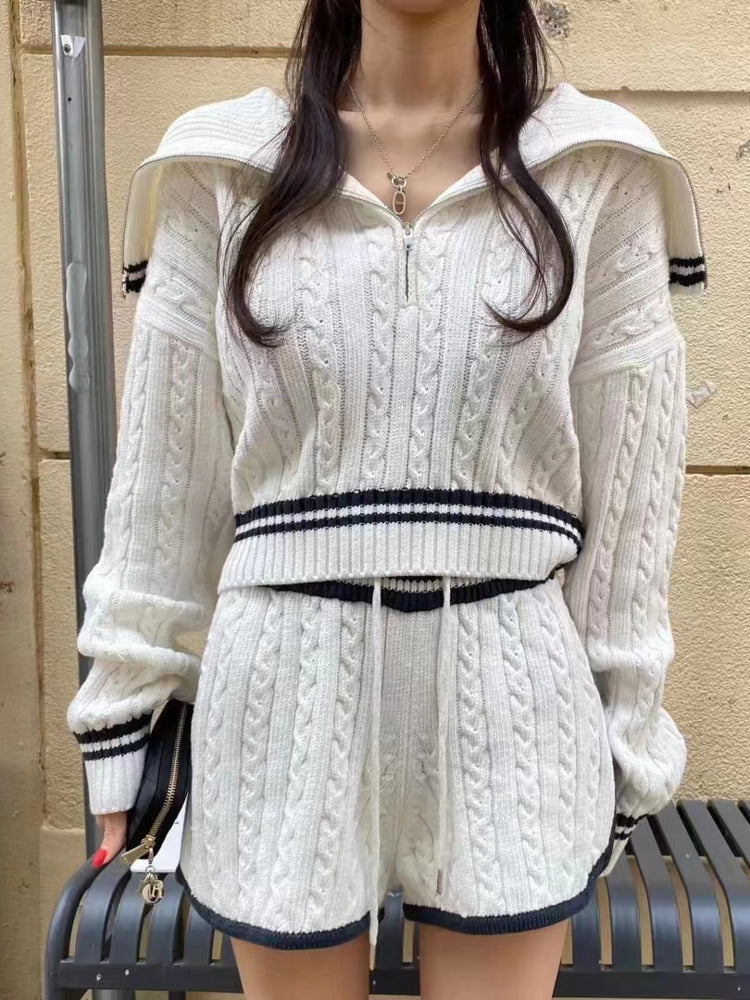 Fashion Cable-knit Sweater Shorts Suit