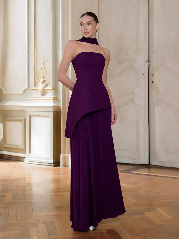 Womens Solid-Color Strapless Dress With Fluttering Ties And A Slit
