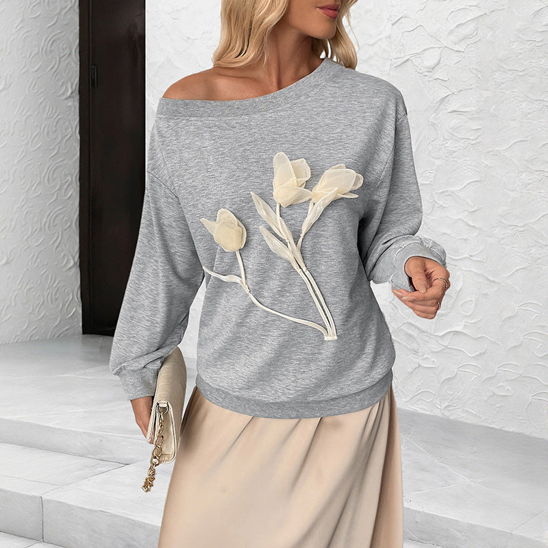 Women's Fashion 3D Flower Long Sleeve Off-Shoulder Top