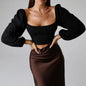 Temperament Ribbed Drawstring Lantern Sleeve Tight Fashion Top Backless Sexy