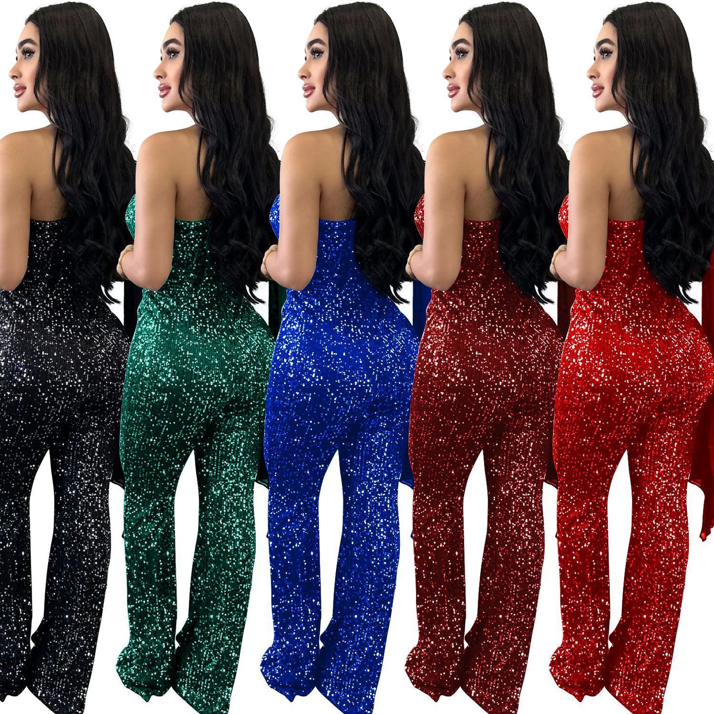 Women's Solid Color Sleeveless One-shoulder Sequined Trousers Jumpsuit