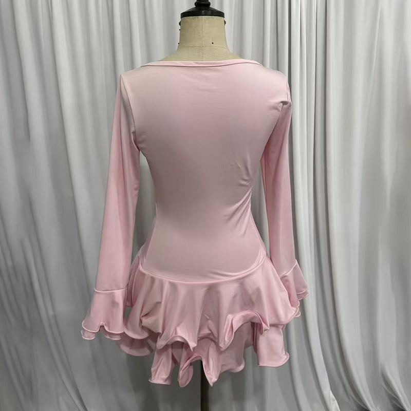 Women's Irregular V-Neck Bodycon Mini Dress - Flare Long Sleeve Layered Ruffle Hem Party Dress