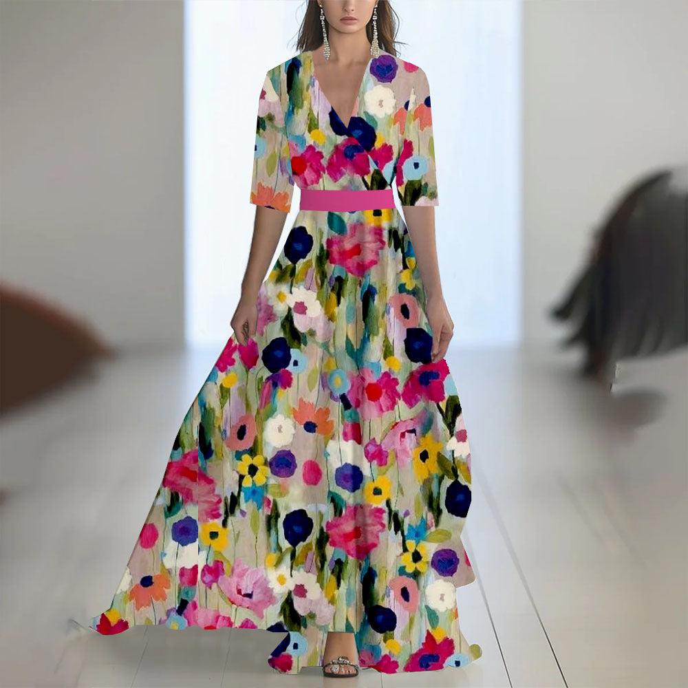 Printed Long Sleeved V-neck Patchwork Dress