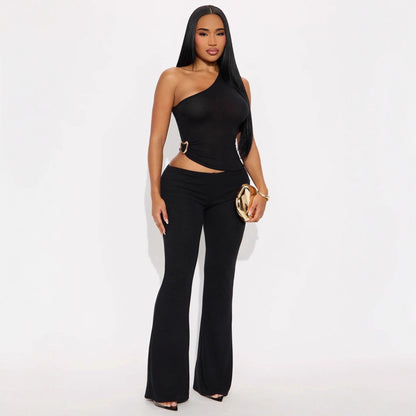 Fashionable Solid-Color Slim-Fit Asymmetrical-Neck Tops And Pants Set That Flatters Your Figure