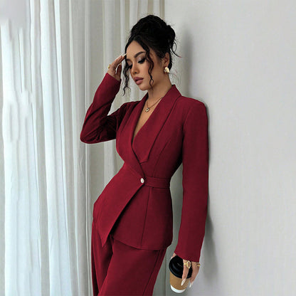 Women's Long-sleeved Suit Jacket Straight-leg Pants Top And Bottom