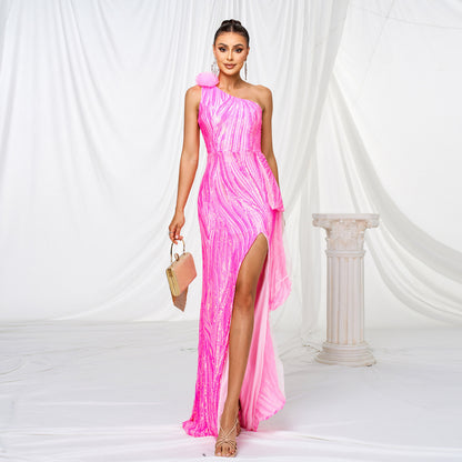 One-shoulder Diagonal Collar Sequined Slit Evening Dress