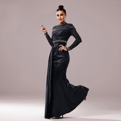 Long Sleeve Slim-fit Sheath Pearl Banquet Fishtail Evening Dress