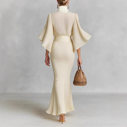 Pleated Wide-sleeve Shirt And Maxi Skirt Two-piece Women's Set