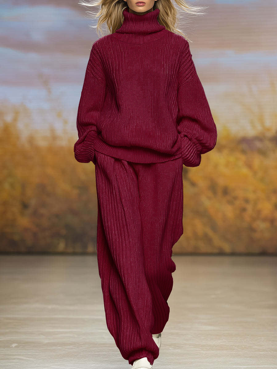 Knitted Loose Fitting Turtleneck And Wide Leg Pants Set