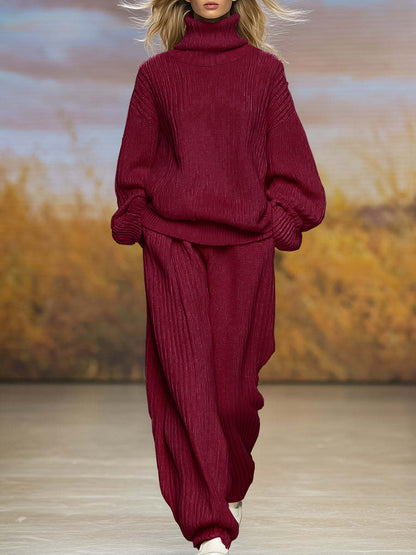 Knitted Loose Fitting Turtleneck And Wide Leg Pants Set