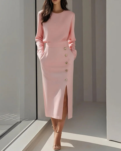 Long-sleeved Round Neck Waist-tie Button-decorated Slit Women's Dress