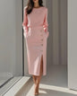 Long-sleeved Round Neck Waist-tie Button-decorated Slit Women's Dress