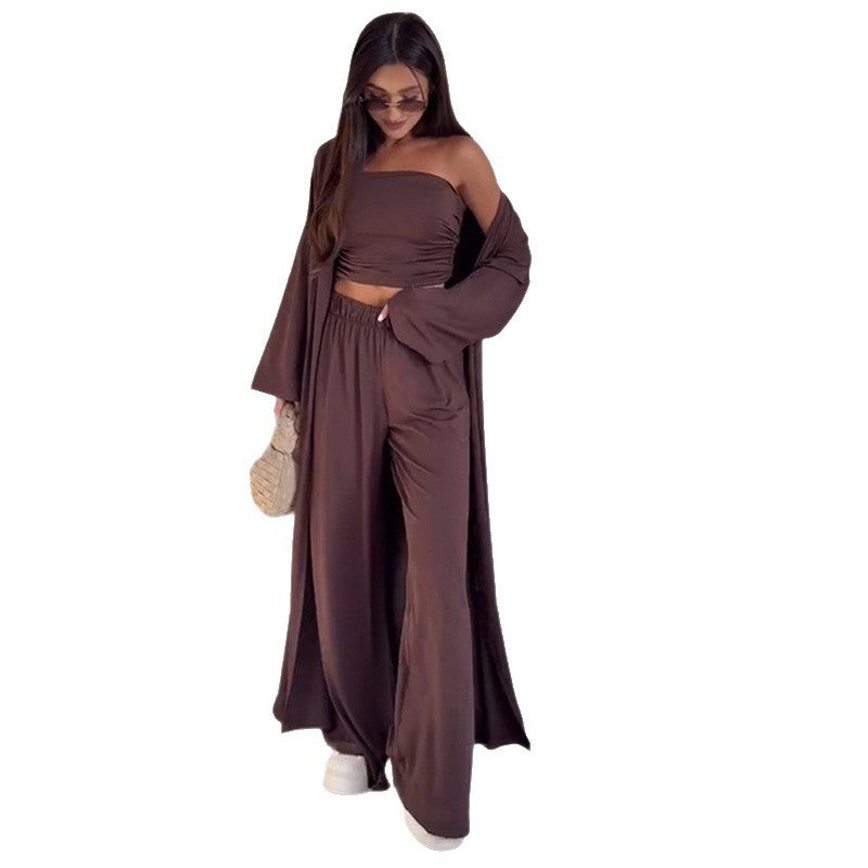 Casual Loose Cardigan Straight-leg Pants Tube Top Suit
