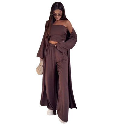Casual Loose Cardigan Straight-leg Pants Tube Top Suit