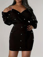 Beaded Bodycon Dress Casual Long-sleeve Solid-color Off-shoulder Dress Women's Apparel